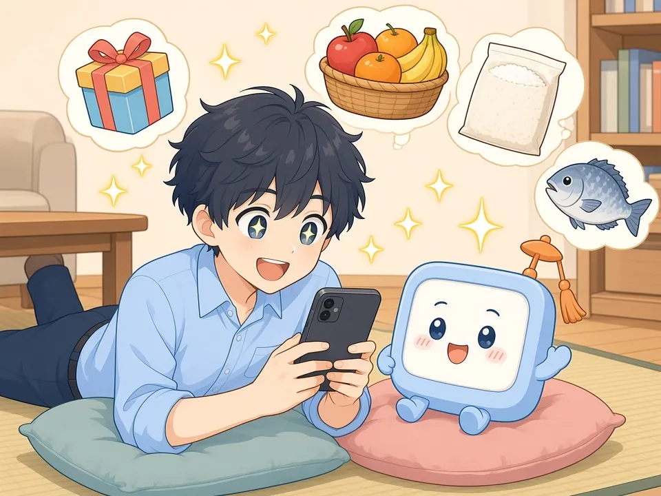 自宅でスマホに並んだ返礼品のイラスト(果物・お米・魚のアイコン)を見て、わくわくするミナト。