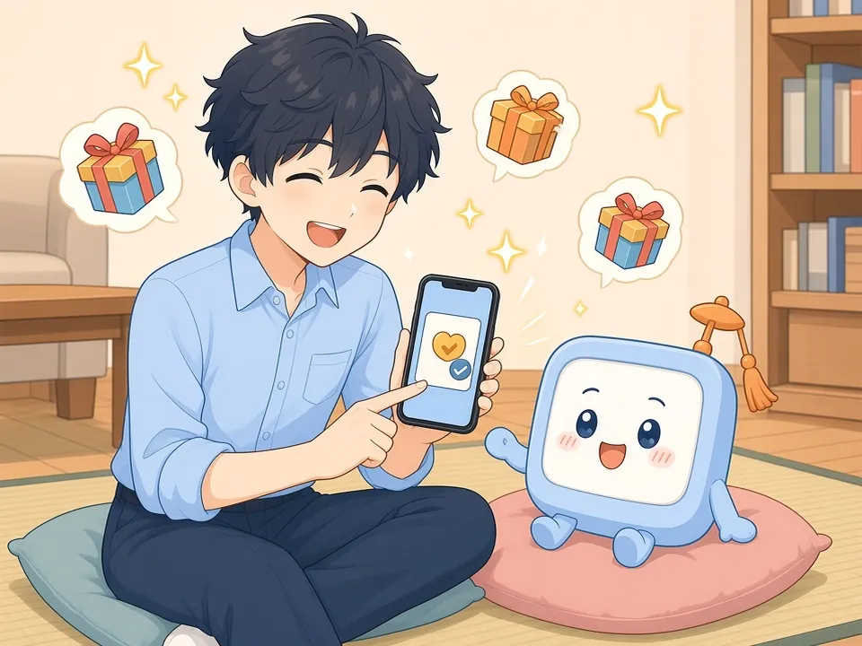 スマホの結果を見て安心した笑顔のミナト。けいさんくんが画面の下を指さす。