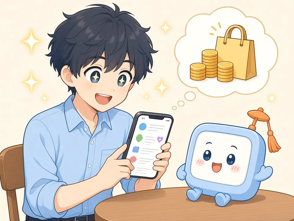 カフェのテーブルでスマホの求人を見て目を輝かせるミナト。頭の上にはコインと買い物袋を思い浮かべ、隣でけいさんくんがにこにこしている。