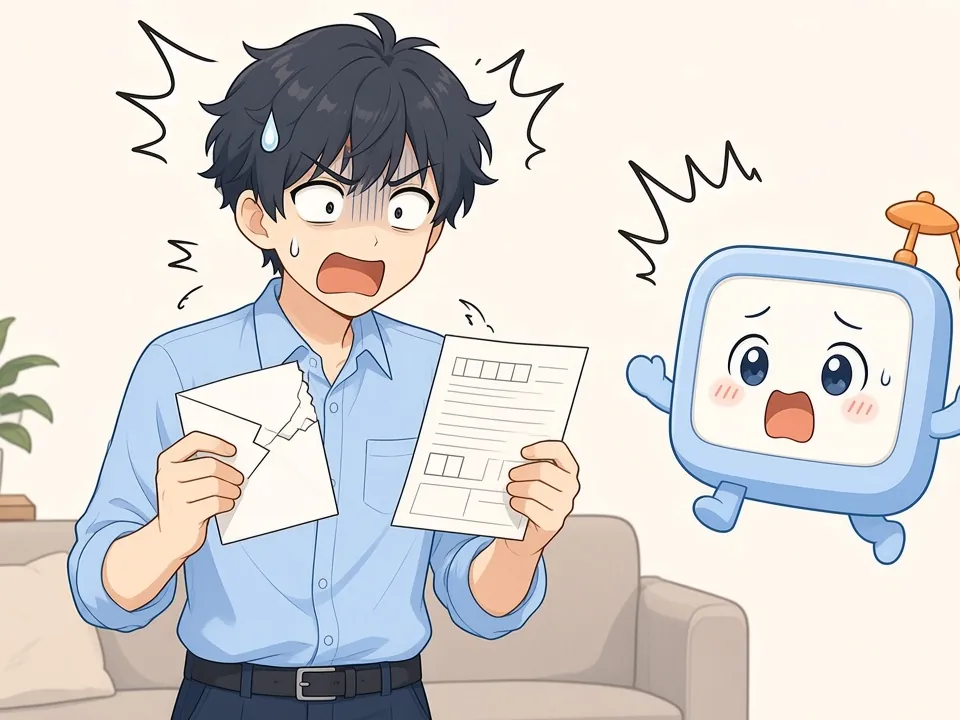 部屋で給与明細の封筒と紙を手に、汗をかいて驚くミナト。そばでけいさんくんも驚いて跳び上がっている。