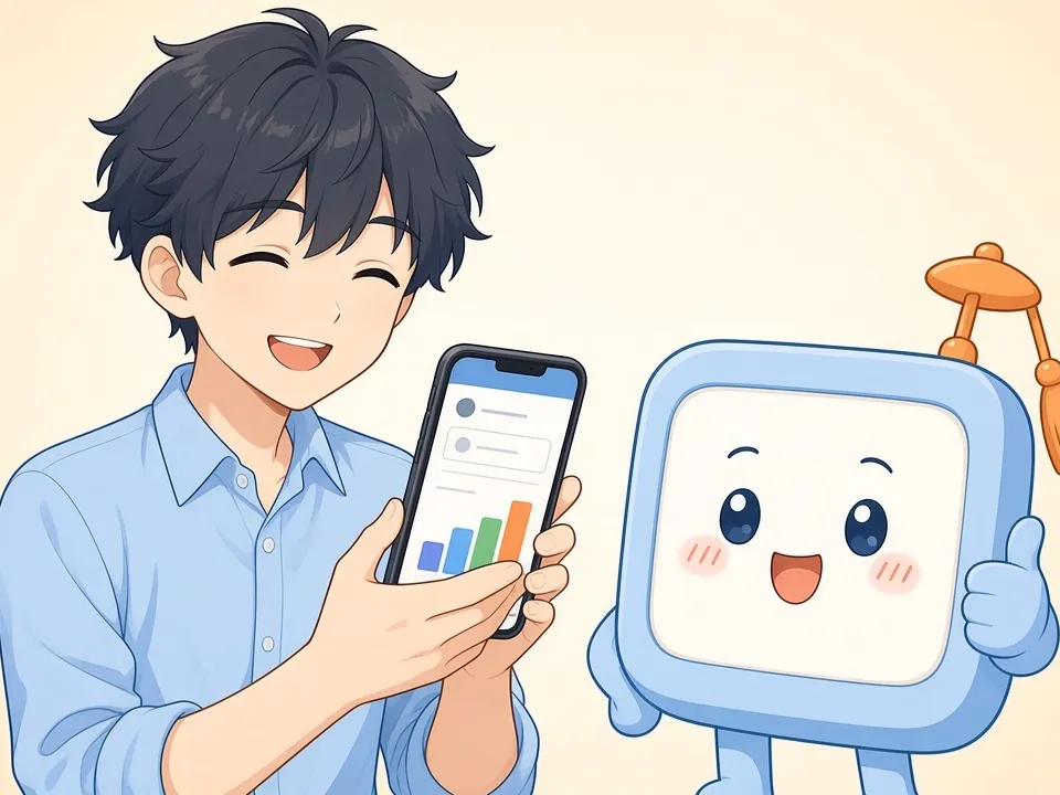 棒グラフが表示されたスマホを持って笑顔のミナトと、親指を立てるけいさんくん。