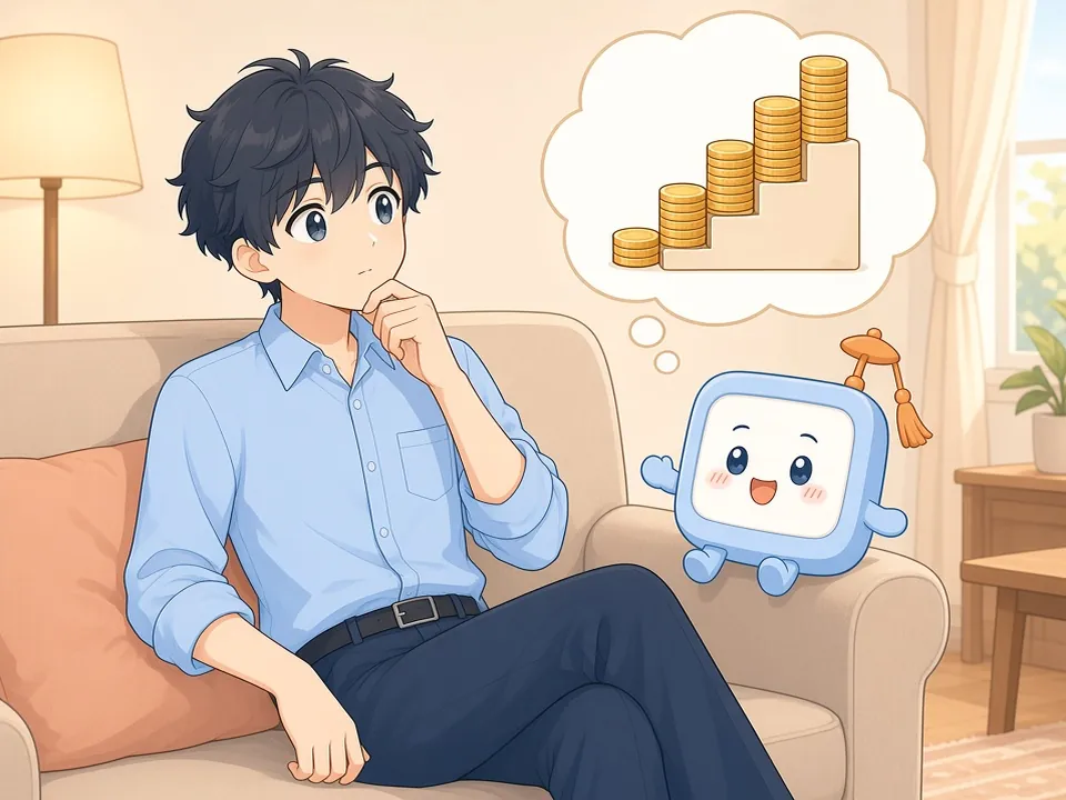 自宅のソファでくつろぎながら、ふと考えごとをするミナト。頭の上に階段とコインのアイコン。