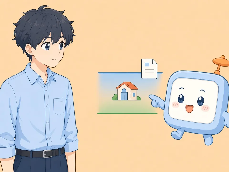 青い線と緑の線の間の帯を指さして説明するけいさんくん。帯の中に小さな家(市区町村)のアイコン。